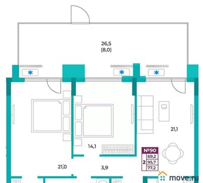 2-комн. квартира, 76.5 м&sup2;