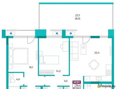 2-комн. квартира, 85.8 м&sup2;