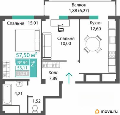 2-комн. квартира, 53.11 м&sup2;