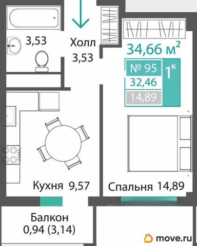 1-комн. квартира, 32.46 м&sup2;