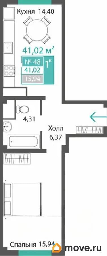 1-комн. квартира, 41.02 м&sup2;