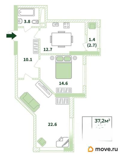 2-комн. квартира, 65.2 м&sup2;