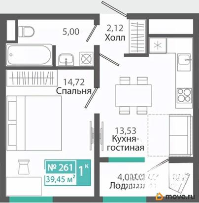 1-комн. квартира, 39.45 м&sup2;
