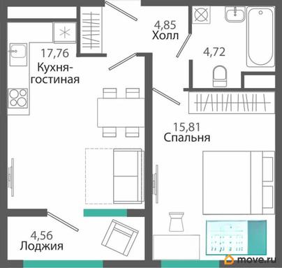 1-комн. квартира, 47.7 м&sup2;