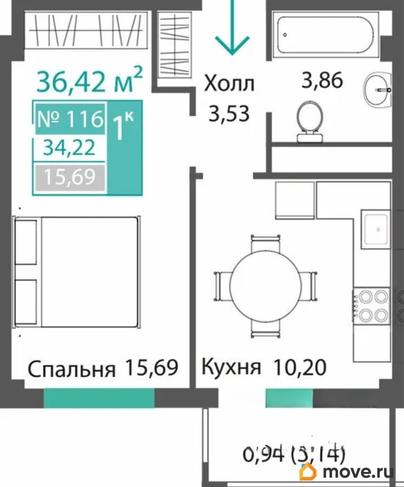 1-комн. квартира, 34.22 м&sup2;