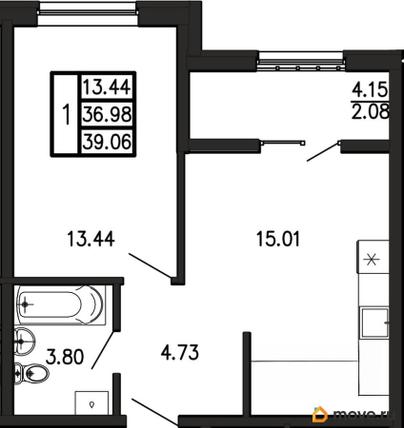 1-комн. квартира, 39.06 м&sup2;