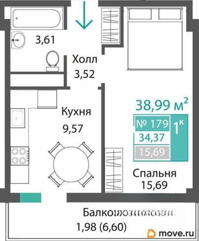 1-комн. квартира, 34.37 м&sup2;