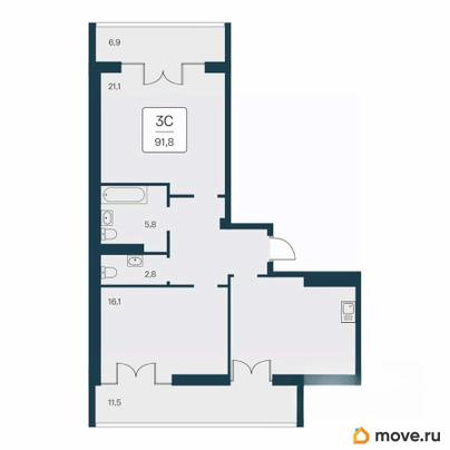 3-комн. квартира, 91.8 м&sup2;