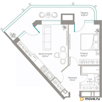 1-комн. апартаменты, 63.38 м&sup2;