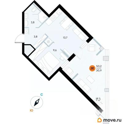1-комн. апартаменты, 50.2 м&sup2;