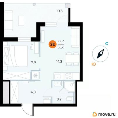 1-комн. апартаменты, 44.4 м&sup2;