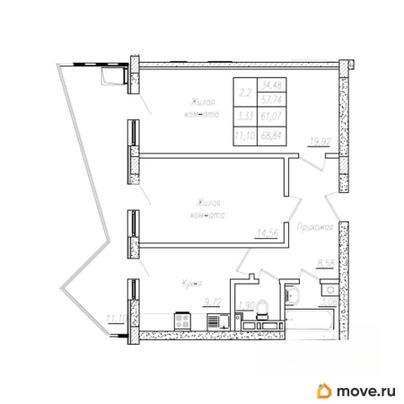 2-комн. квартира, 61.9 м&sup2;