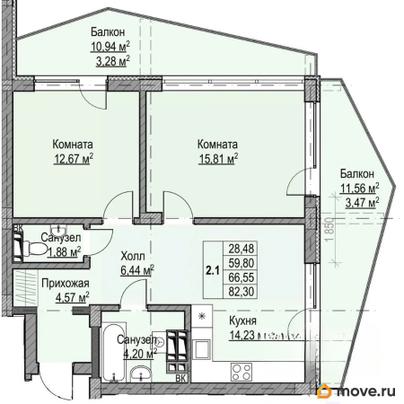 2-комн. квартира, 66.55 м&sup2;
