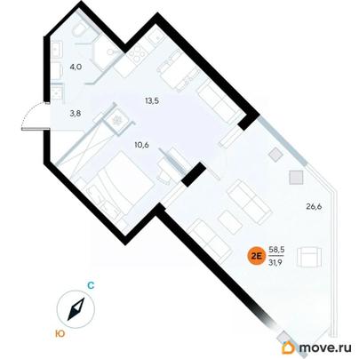 1-комн. апартаменты, 58.5 м&sup2;