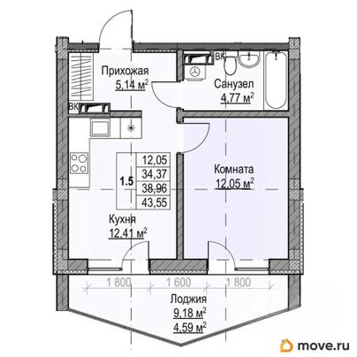 1-комн. квартира, 38.96 м&sup2;