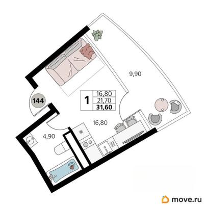1-комн. апартаменты, 31.6 м&sup2;