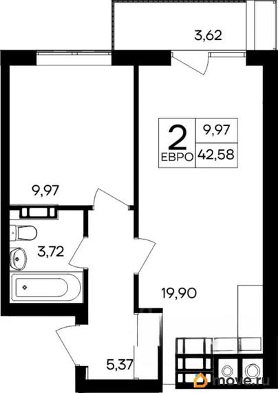 1-комн. квартира, 42.58 м&sup2;
