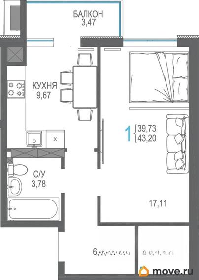 1-комн. квартира, 43.24 м&sup2;