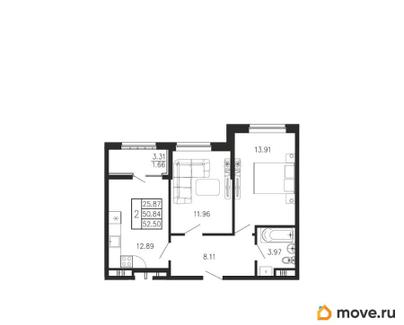 2-комн. квартира, 52.5 м&sup2;