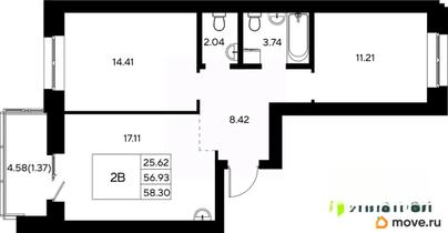 2-комн. квартира, 58.3 м&sup2;