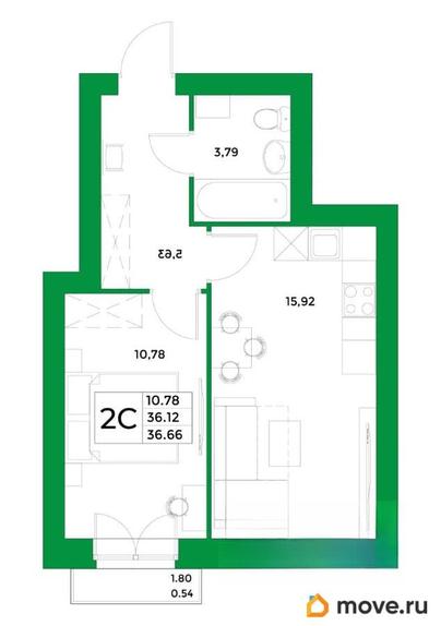 1-комн. квартира, 36.66 м&sup2;
