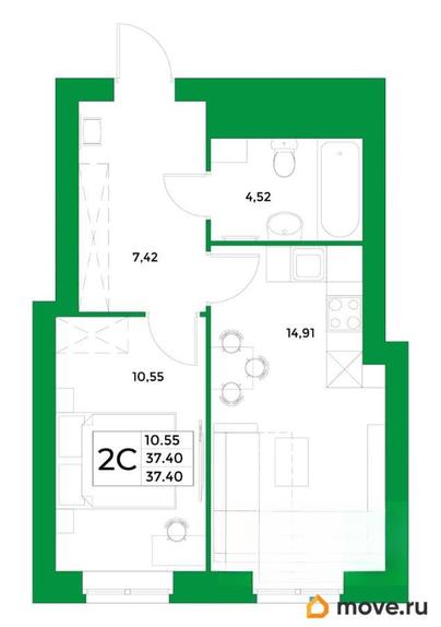 1-комн. квартира, 37.4 м&sup2;