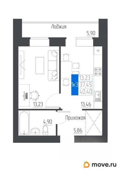 1-комн. квартира, 40.4 м&sup2;