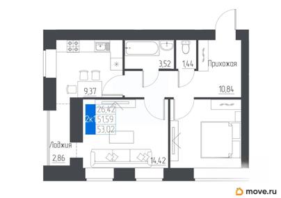 2-комн. квартира, 53.02 м&sup2;