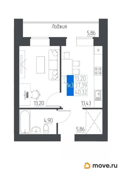 1-комн. квартира, 40.32 м&sup2;