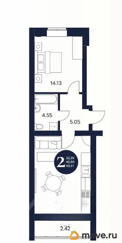 2-комн. квартира, 49.41 м&sup2;