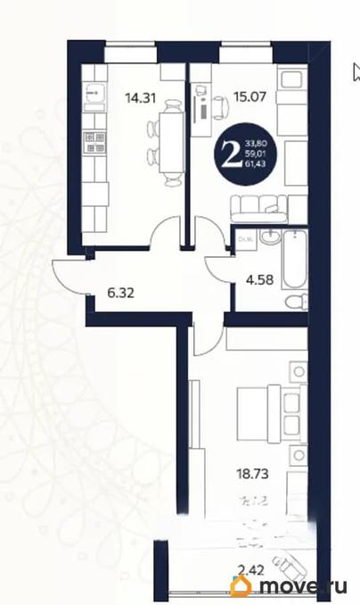 2-комн. квартира, 61.43 м&sup2;