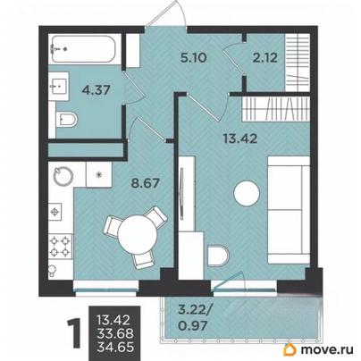 1-комн. квартира, 34.65 м&sup2;