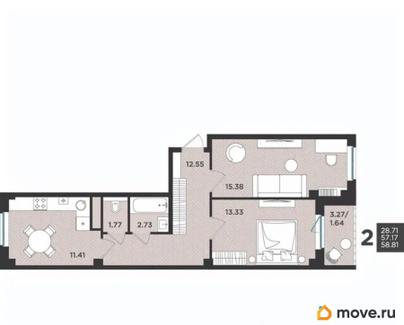 2-комн. квартира, 58.81 м&sup2;
