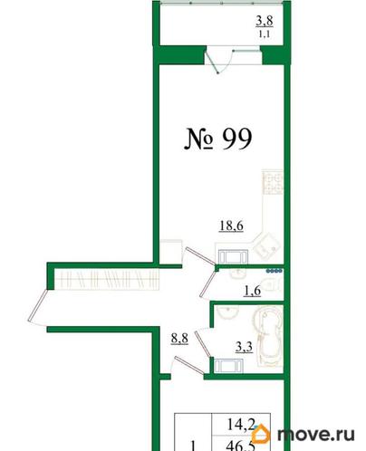 1-комн. квартира, 47.6 м&sup2;