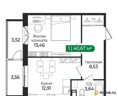 1-комн. квартира, 40.67 м&sup2;