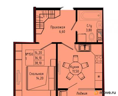 1-комн. квартира, 38.1 м&sup2;