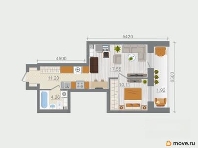 1-комн. квартира, 45.04 м&sup2;