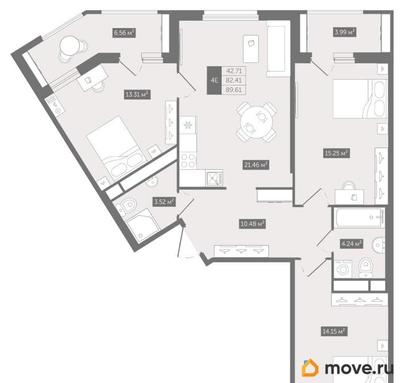 3-комн. квартира, 89.61 м&sup2;