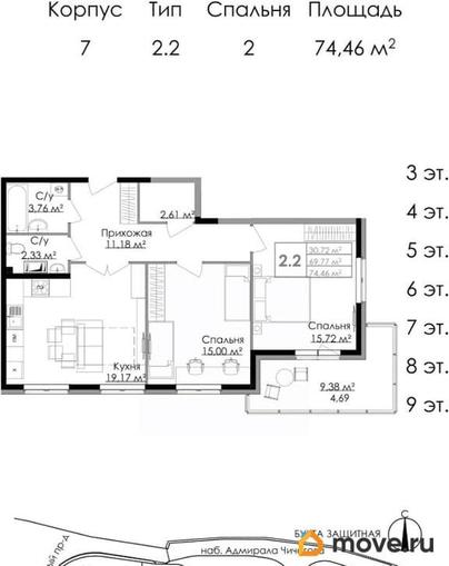 2-комн. квартира, 75.2 м&sup2;