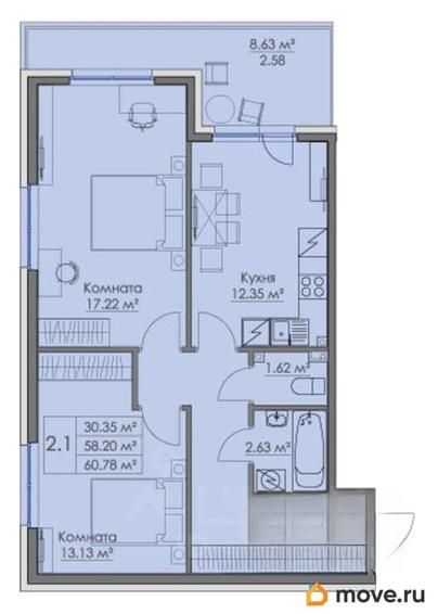 2-комн. квартира, 60.78 м&sup2;