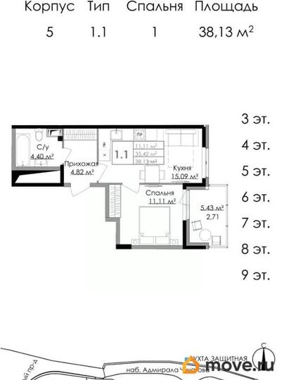 1-комн. квартира, 37.6 м&sup2;
