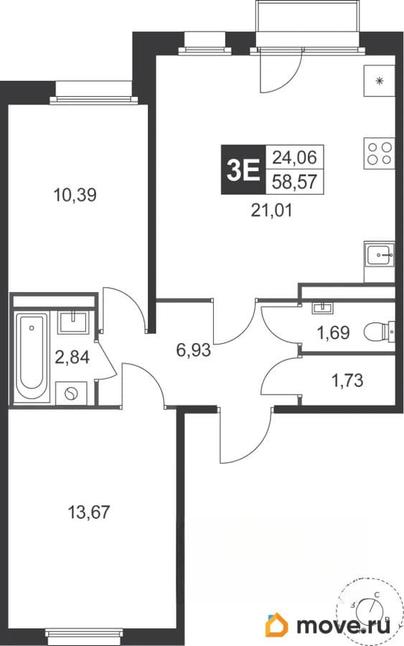 3-комн. квартира, 58.57 м&sup2;