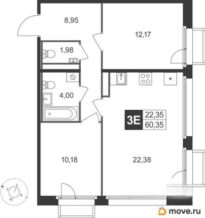 3-комн. квартира, 60.35 м&sup2;