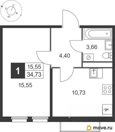 1-комн. квартира, 34.73 м&sup2;