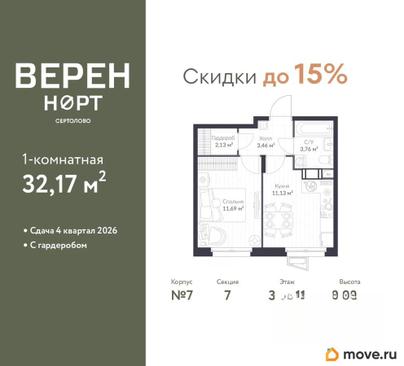 1-комн. квартира, 32.17 м&sup2;