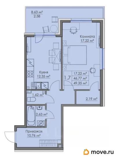1-комн. квартира, 49.35 м&sup2;