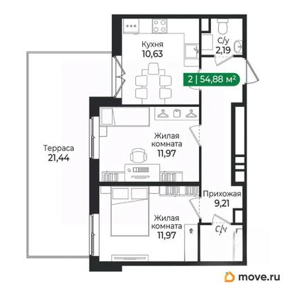 2-комн. квартира, 54.88 м&sup2;