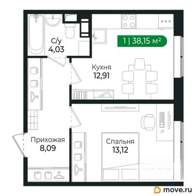1-комн. квартира, 37.6 м&sup2;