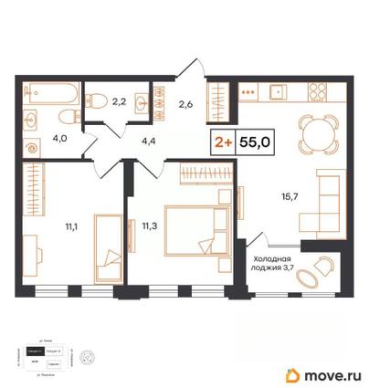 2-комн. квартира, 55 м&sup2;