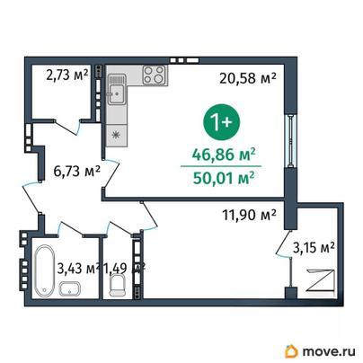 1-комн. апартаменты, 46.86 м&sup2;
